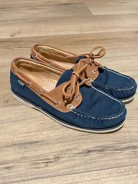 J. Crew AW681 2-Eye Canvas Slip-On Boat Loafer Shoes leather Blue Brown Men's 8
